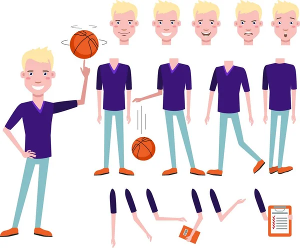 Succesvolle Knappe High School Basketbal Speler Karakter Set Vector Illustratie — Stockvector