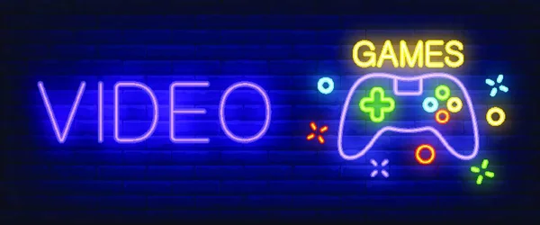 Kontrollü Video Oyunları Neon Metni Vektör Illüstrasyonu Basit Tasarım — Stok Vektör