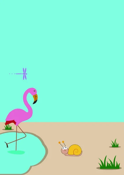 Rosafarbener Flamingo Mit Blauem Teich Haben Schnecke Und Libelle Freunde — Stockvektor
