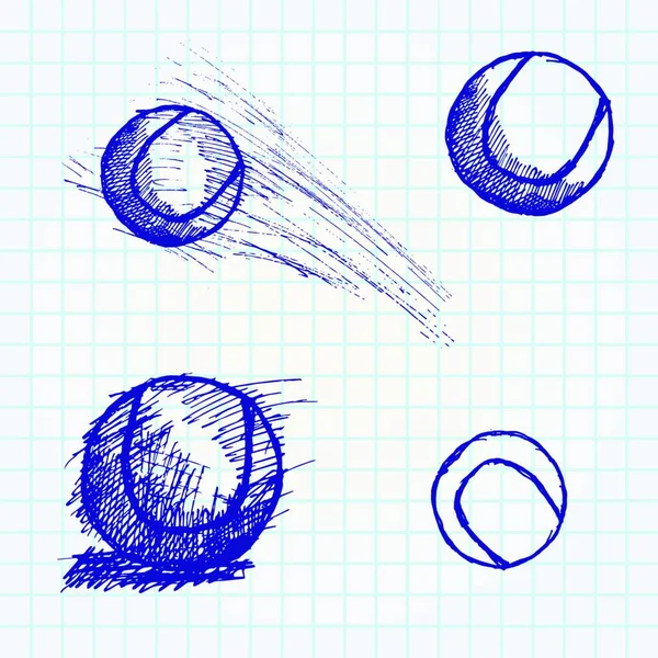 Set Croquis Balle Tennis Sur Carnet Papier Illustration Vectorielle Design — Image vectorielle