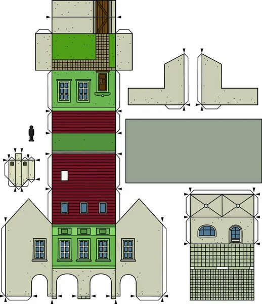 Das Papiermodell Eines Alten Grünen Stadthauses Vektorillustration Einfaches Design — Stockvektor