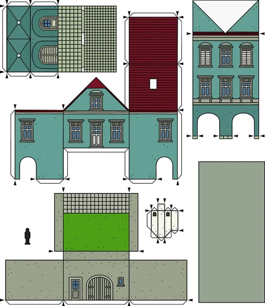 Das Papiermodell Eines Alten Blauen Stadthauses Vektorillustration Einfaches Design — Stockvektor
