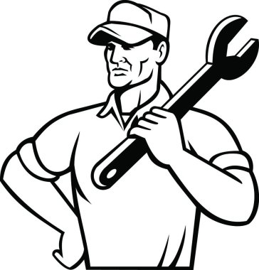 Omuz Önünde Otomotiv Tamircisi veya Uçak Mekanik Tutma Anahtarı Siyah ve Beyaz Retro