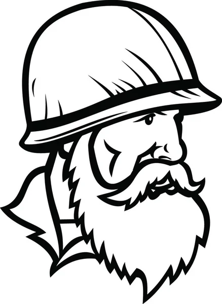 Американский Солдат Войны Вьетнаме Носит Боевой Шлем Полным Талисманом Борода — стоковый вектор