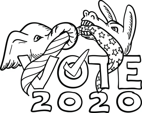 Republikanischer Elefant Und Demokratischer Esel Tauziehen Flaggenabstimmung 2020 Cartoon Schwarz — Stockvektor