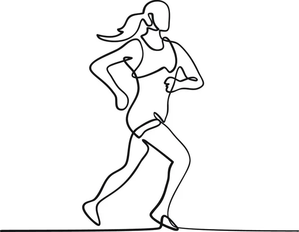 Marathonläuferin Läuft Seitenansicht Durchgehende Linienziehung — Stockvektor