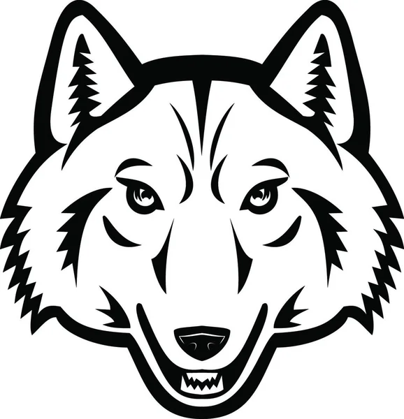 Kopf Von Artic Wolf Frontansicht Maskottchen Schwarz Und Weiß — Stockvektor