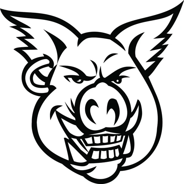 Head Pink Pig Wearing Earring Smiling Front View Mascot Retro — Stock Vector