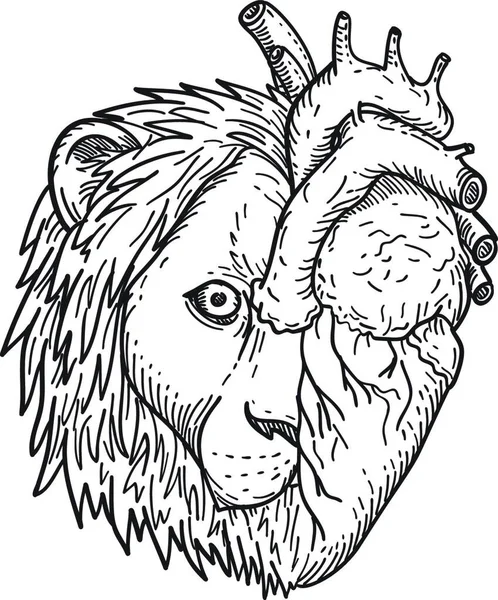 Löwenherziger Kopf Von Halb Löwe Und Halb Menschenherz Schwarz Weiß — Stockvektor