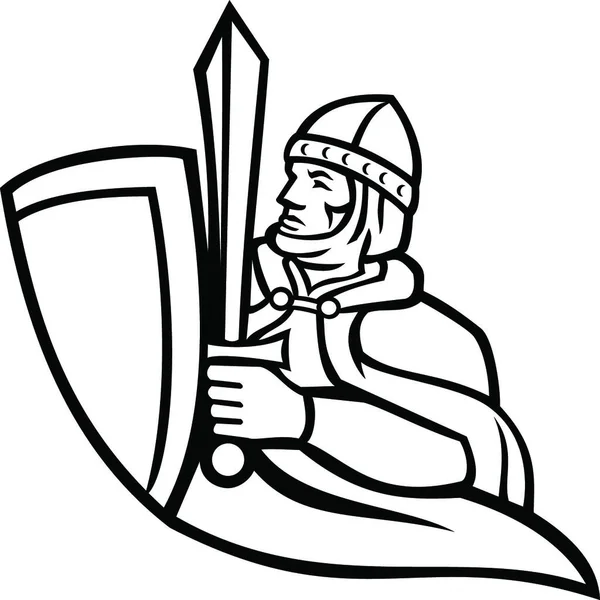 Buste Roi Médiéval Regnant Brandissant Une Mascotte Épée Bouclier Noir — Image vectorielle