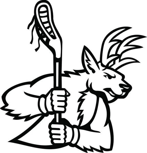 Estaca Veado Vermelho Buck Empunhando Lacrosse Stick Side View Mascote — Vetor de Stock