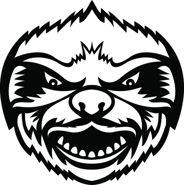 Глава Angry Sloth Front View Талисман Ретро Черный Белый Векторная — стоковый вектор