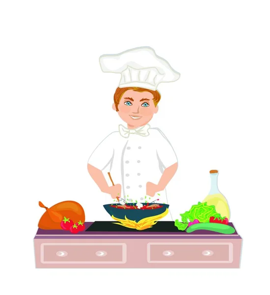 Vrolijke Chef Kookt Gezond Smakelijk Gerecht — Stockvector