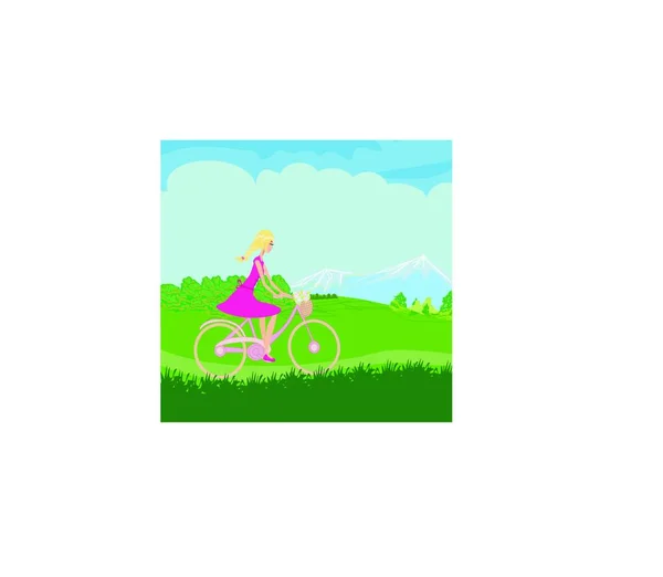 Menina Está Andando Bicicleta Campo Primavera — Vetor de Stock