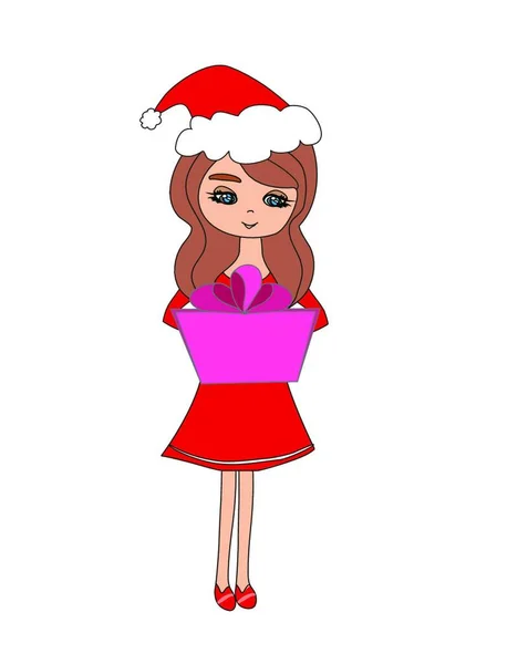 Γλυκό Κορίτσι Στα Χριστούγεννα Εμπνευσμένο Κοστούμι Κρατώντας Ένα Δώρο — Διανυσματικό Αρχείο