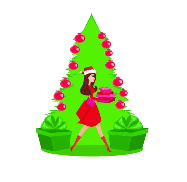 Schönes Mädchen Weihnachtlich Inspirierten Kostüm Feiertagseinkauf — Stockvektor
