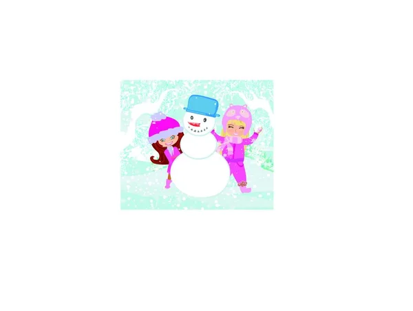 Happy Girls Make Snowman — Stock Vector