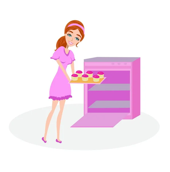 Housewife Roasts Oven Cupcakes — Stock Vector