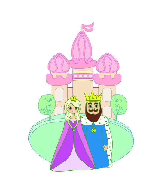 国王和王后在城堡前 彩色矢量插图 — 图库矢量图片