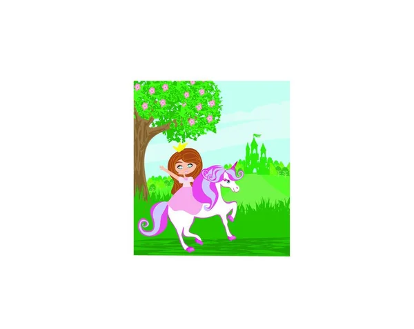Sweet Little Princess Rijden Een Sprookjesachtige Paard — Stockvector