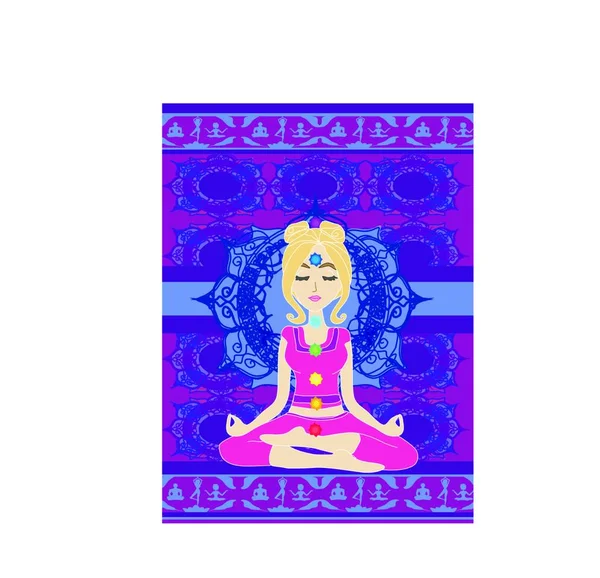 女の子は座って瞑想 抽象的なカード — ストックベクタ