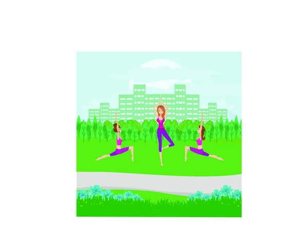 Girls Exercises Park Modern Vector Illustration — Stock Vector