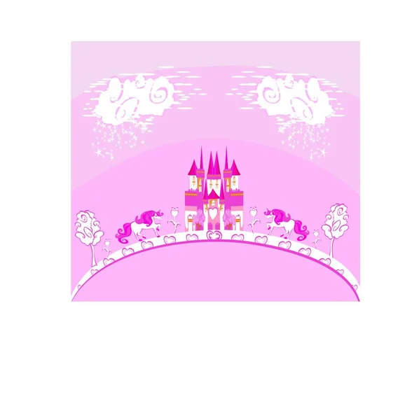 Beautiful Unicorn Fairy Tale Princess Castle Card — Stock Vector