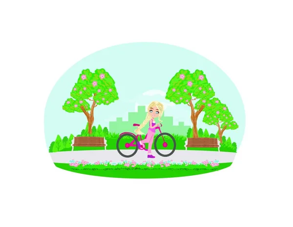 公園の自転車の上の甘い女の子 — ストックベクタ