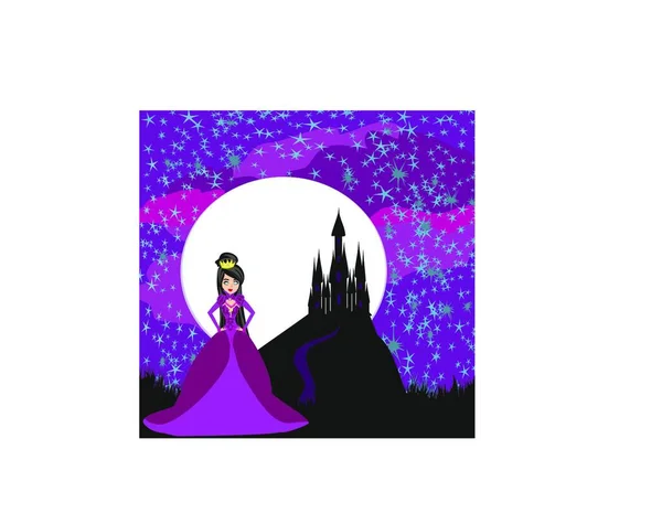 美丽的皇后晚上站在城堡前面 — 图库矢量图片