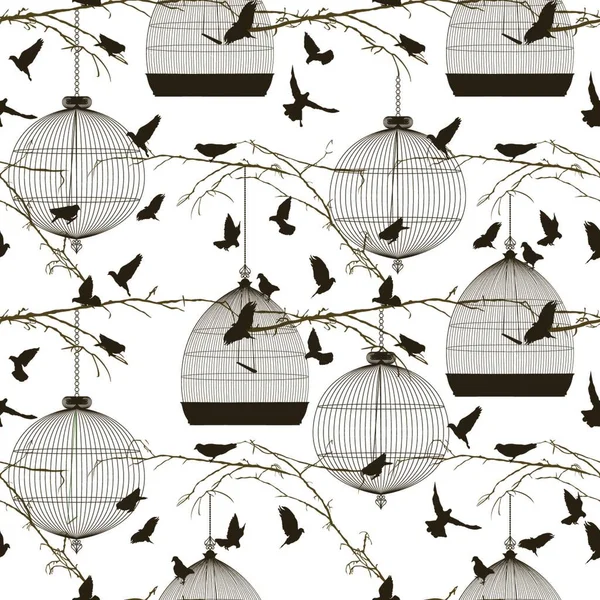 鸟类和笼的模式 图形矢量图解 — 图库矢量图片
