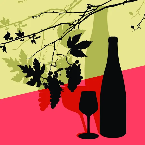 Weinblätter Weinglas Und Flasche Grafische Vektorillustration — Stockvektor