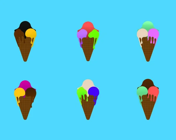 Six Ice Cream Conone Mit Fruchtigem Geschmack Vor Blauem Hintergrund — Stockvektor