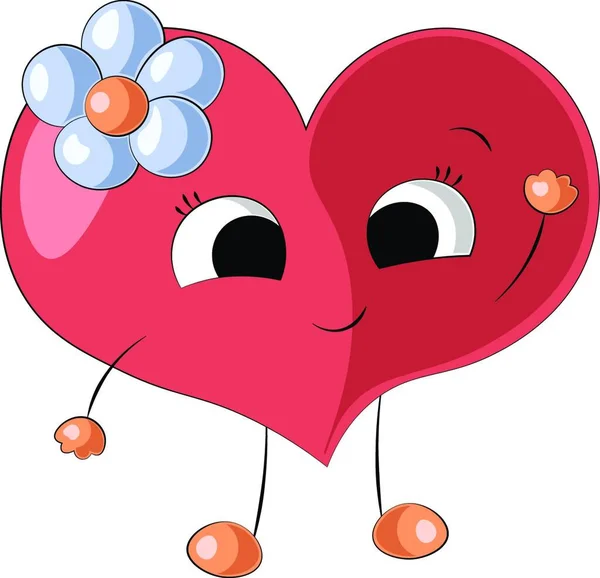 Lindo Corazón Rojo Dibujos Animados Con Flor Azul — Vector de stock