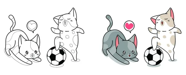 Cute Cats Playing Football Cartoon Coloring Page — стоковый вектор