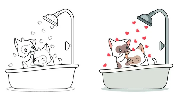 Couple Cat Bathing Cartoon Coloring Page — Stockvektor