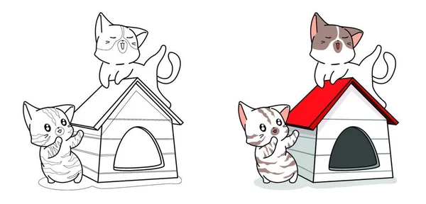 Pareja Lindo Gato Casa Dibujos Animados Para Colorear Página — Vector de stock