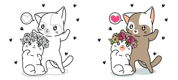 Pareja Gato Están Cayendo Amor Dibujos Animados Para Colorear Página — Archivo Imágenes Vectoriales