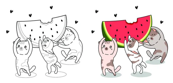 Cute Cats Lifting Big Watermelon Cartoon Coloring Page — Stok Vektör