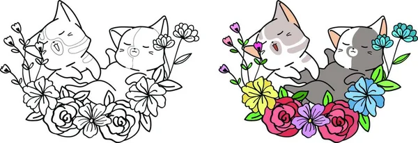 Cute Cats Wreath Cartoon Coloring Page — Stock Vector