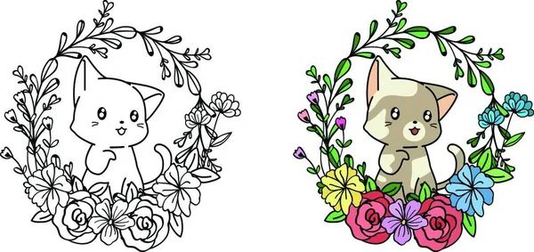 かわいい猫のキャラクターと花輪の漫画の着色ページ — ストックベクタ