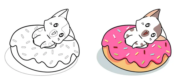 Cute Cat Big Donut Cartoon Coloring Page — 스톡 벡터