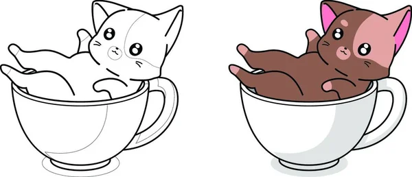 Cute Cat Cup Coffee Cartoon Coloring Page — 스톡 벡터