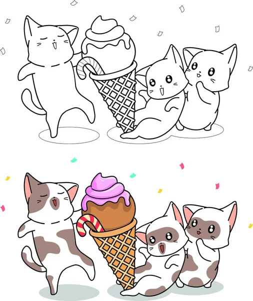 Cute Cats Big Ice Cream Cartoon Coloring Page — Wektor stockowy