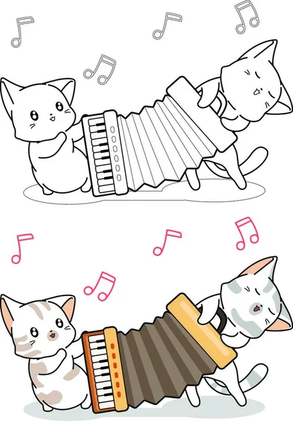 Cute Cats Playing Accordion Cartoon Coloring Page — Stock Vector