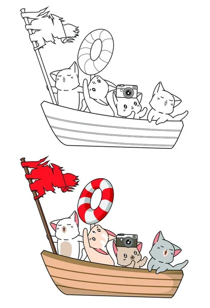 Симпатичные Кошки Лодке Собираются Путешествовать Раскраске Мультфильма — стоковый вектор