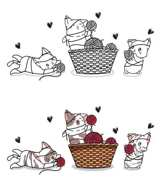 Cute Naughty Cats Playing Yarns Cartoon Coloring Page — Stockvektor