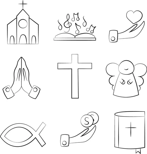Set Van Religieuze Iconen Zwart Wit — Stockvector