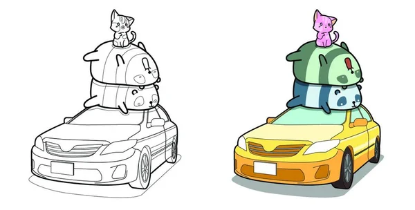 子供のための車の漫画の着色ページのパンダと猫 — ストックベクタ