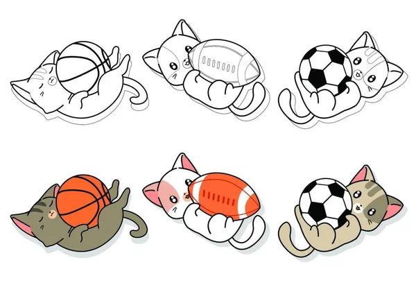 かわいい猫やスポーツ用品の漫画の着色ページ子供のための — ストックベクタ