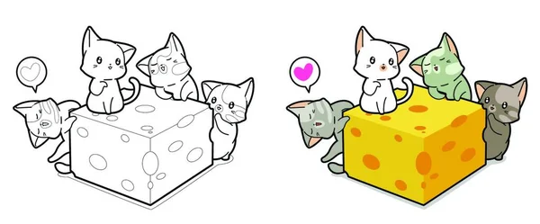 かわいい猫とチーズの漫画の着色ページ子供のための — ストックベクタ